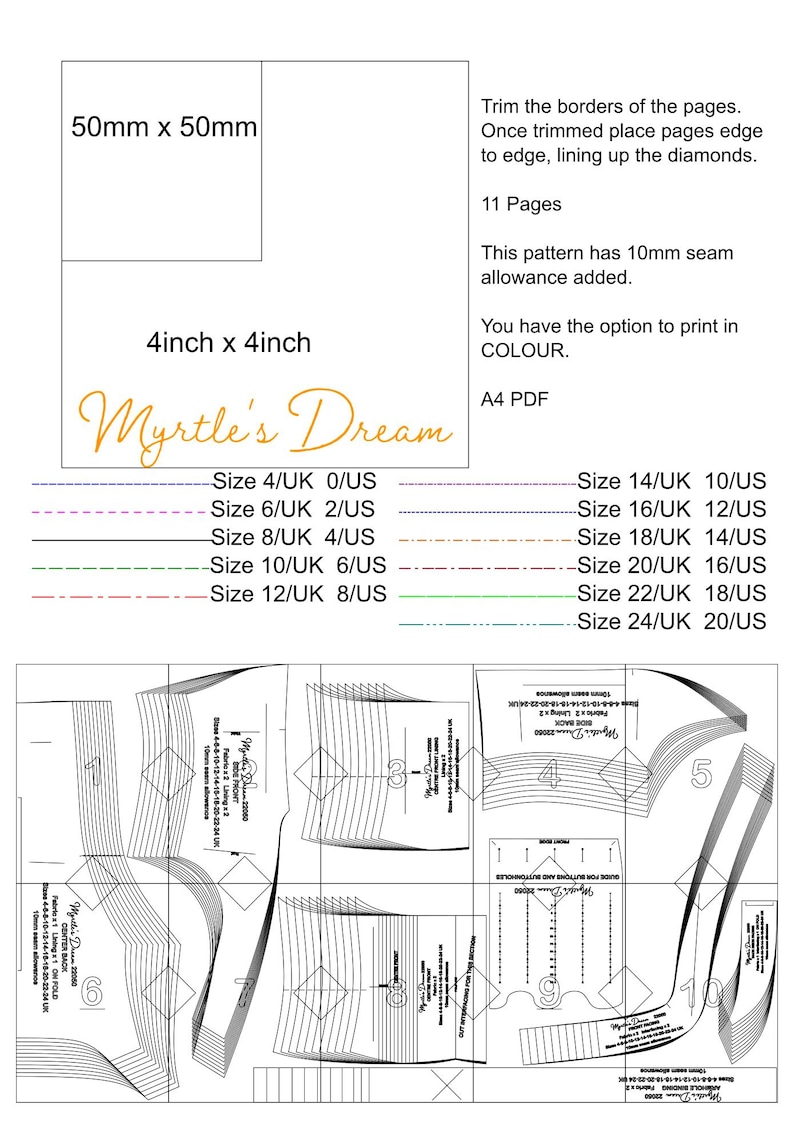 K&ouml;nnte beinhalten: Ein digitales Schnittmuster mit dem Titel Myrtle's Dream, bestehend aus einem A4-PDF-Layout mit 11 Seiten. Es enth&auml;lt ein 50mm x 50mm und 4inch x 4inch Testquadrat, eine 10mm Nahtzugabe und eine farbcodierte Legende f&uuml;r die Gr&ouml;&szlig;en 4/UK bis 24/UK.