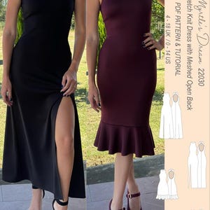 May include: Two sleeveless dresses, one black with a high slit and the other burgundy with a ruffled hem. The dresses have a high neckline. Text on the right reads "Myrtle's Dream 22030" and "4 Option Stretch Knit Dress with Meshed Open Back".