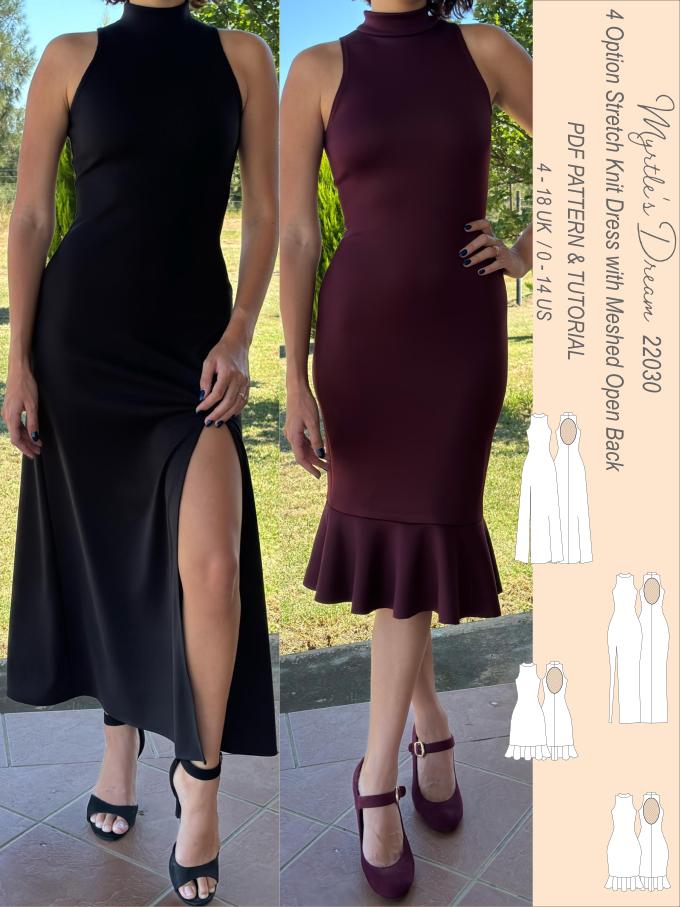 Pattern. Stretch Knit Dress With Turtleneck and Mesh Open Back, Four Variations. Easy to Intermediate Sewing Project. Sizes 4 – 18 UK