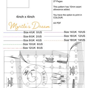 May include: A sewing pattern with the text "Myrtle's Dream" and size information. The pattern includes a grid, measurements in inches and millimeters, and instructions for trimming and assembling the pages. It is a PDF with 27 pages.