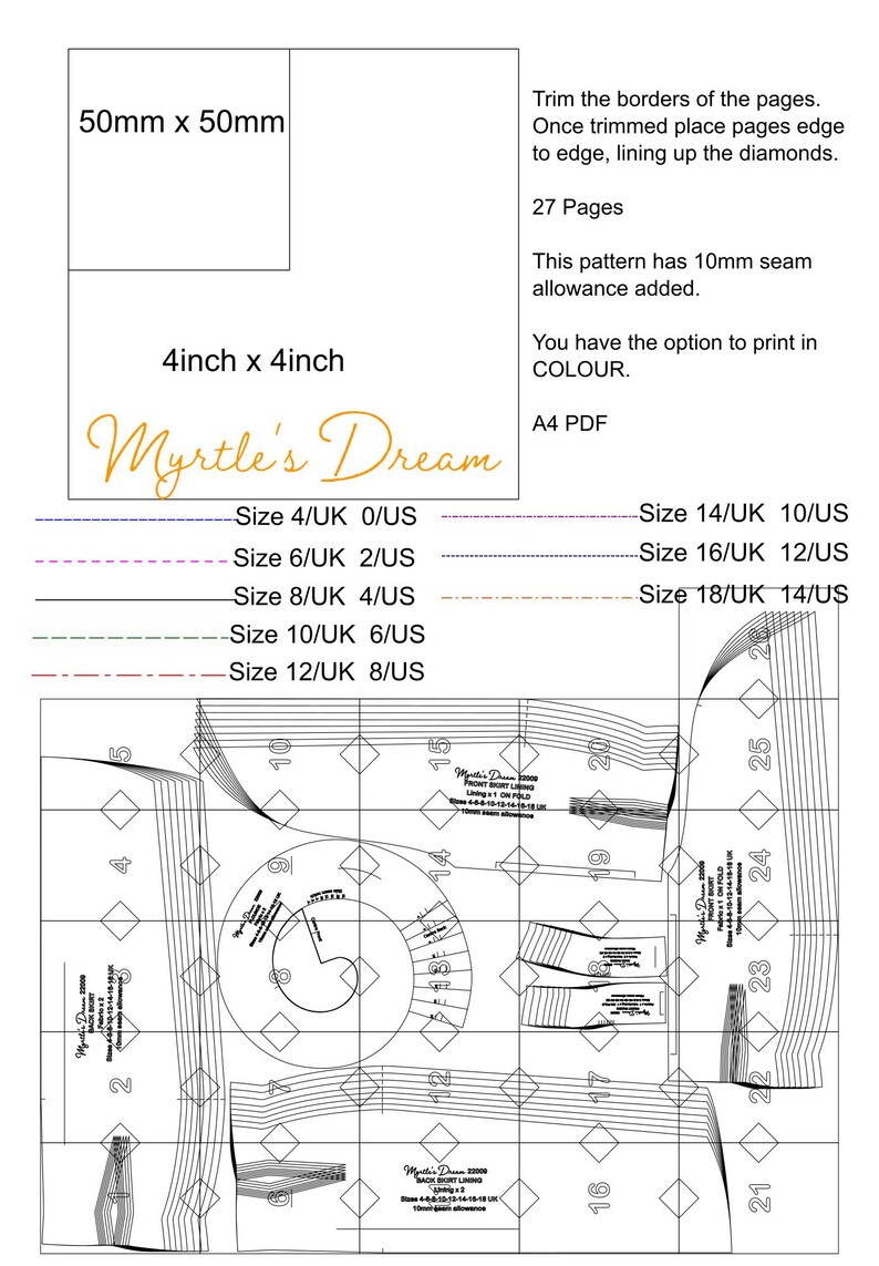 May include: A sewing pattern with the text "Myrtle's Dream" and size information. The pattern includes a grid, measurements in inches and millimeters, and instructions for trimming and assembling the pages. It is a PDF with 27 pages.
