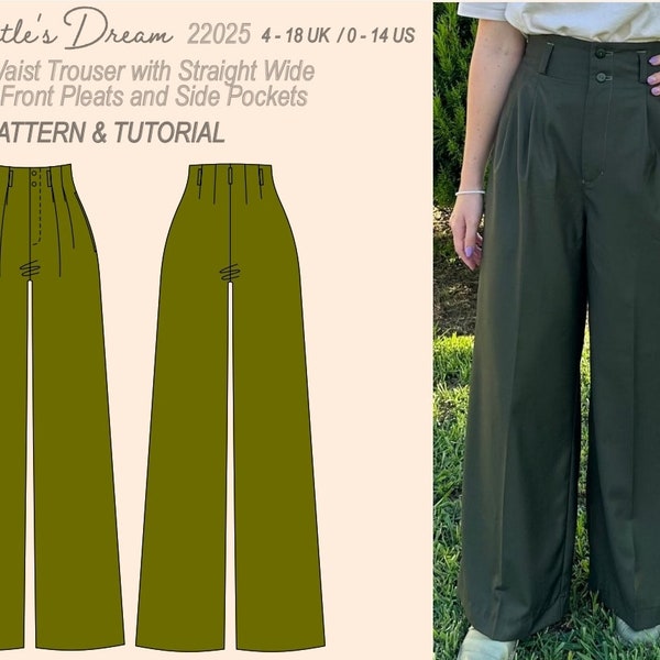 Pattern. Wide leg trouser with high waist, front pleats and side pockets. Sizes 4–18 UK / 0–14 US. Intermediate sewing project.