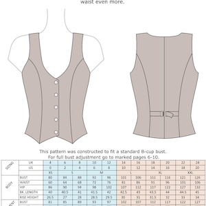 May include: A technical illustration of a fitted waistcoat pattern labeled Myrtle's Dream MDD22054. The image displays front and back views, a sizing chart with UK and US measurements in cm, and a list of required materials including buttons and D-rings.