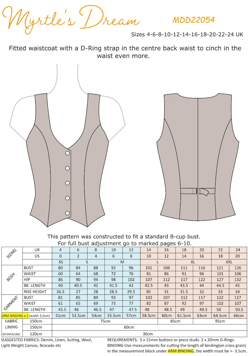 May include: A technical illustration of a fitted waistcoat pattern labeled Myrtle's Dream MDD22054. The image displays front and back views, a sizing chart with UK and US measurements in cm, and a list of required materials including buttons and D-rings.
