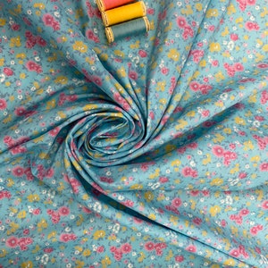 DITSY FLORAL: Pale Blue background with Orange and Pink ditsy floral Vintage Cotton