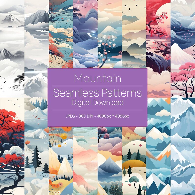 Seamless Mountain Patterns 16 Patterns Digital Paper Different