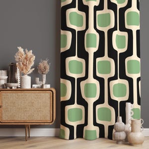 Retro Green Curtains, Black Retro Curtains, Mid Century Modern Curtain For Living Room, Nordic Patterned Drapes For Dining Room