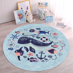 Blue Whale Decor, Whale Rug Nursery, Fish Decor For Nursery Mats, Nursery Decor Kids Mat, Whale and Fish Decor Nursery Rug