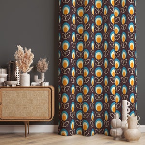 Floral Designed Retro Decor Home Curtains, Retro Style Colorful Curtains, Floral Patterned Dining Room Curtain, Geometric Curtain