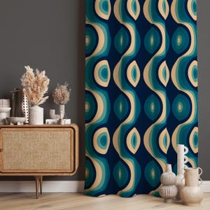 Blue Curtains, Retro Curtains, Blue Retro Curtain For Dining Room Curtain, Teal Nordic Print Drapes, Teal Decorative Drapes For Living Room