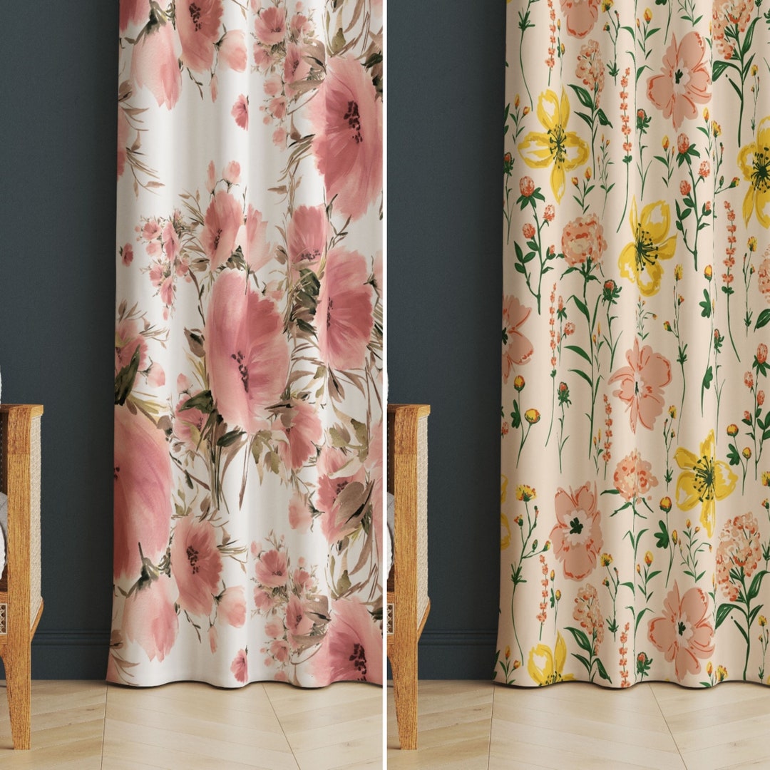 Pink Flower Patterned Living Room Curtains, Flower Patterned Living
