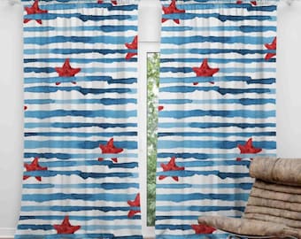 Red Starfish Curtain, Coastal Themed Curtains, Blue Starfish Drapery, Nautical Decor Curtains, Decorative Maritime Curtain