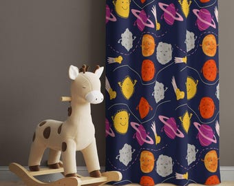 Planet Kids Room Curtains: Space Nursery Decor, Navy Blue Drapes For Children