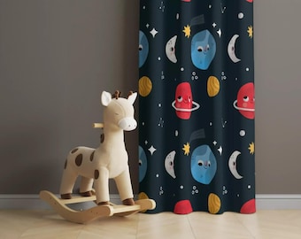 Kids Room Curtains: Space and Planet Pattern - Navy Blue Nursery Drapes, Customizable Curtain
