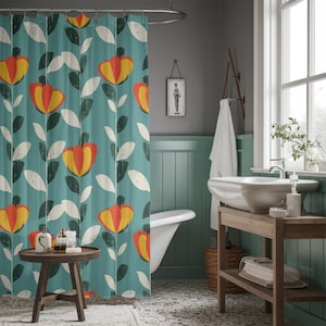 Green Shower Curtain, Retro Shower Curtain, Mid Century Bath Curtains, Abstract Patterned Colourful Bathroom Drape Home, Vintage Bath Drape