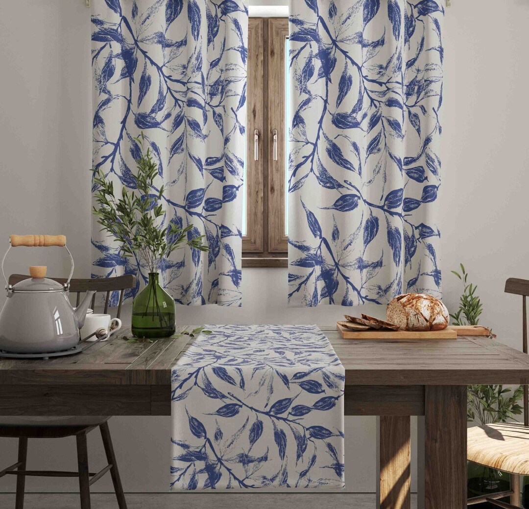 Blue Kitchen Curtain, Blue Flower Patterned Kitchen Curtains, Leaf