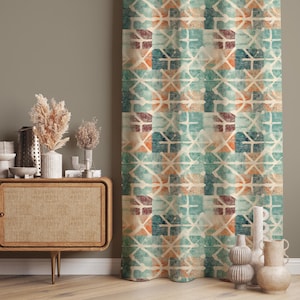 Scandinavian Patterned Light Colored Retro Curtains, Nordic Style Curtains For Mid Century Modern Decor, Nordic Patterned Drapes Dining Room