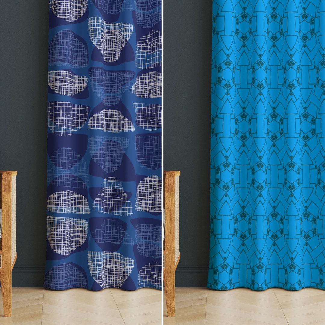 Blue Abstract Curtains, Abstract Retro Living Room Curtain, Printed