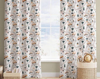 Traffic Themed Kids Curtains - Car Print Nursery Window Drapes