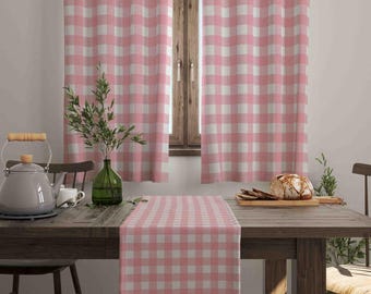 Pink Plaid Kitchen Curtains: Modern Geometric Window Drapes