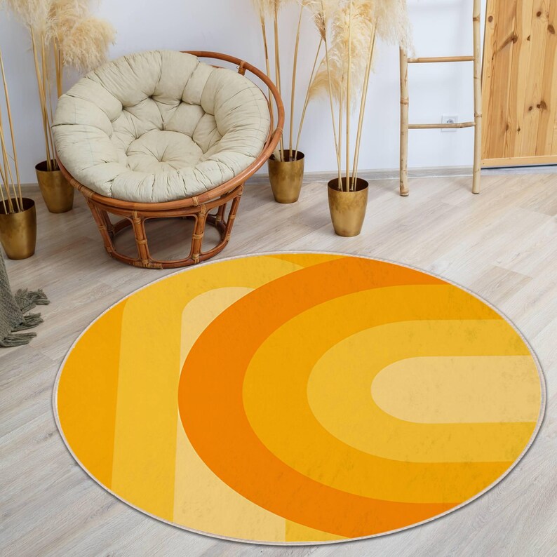 Orange Retro Rugs, Boho Patterned Retro Style Round Carpet, Boho Style