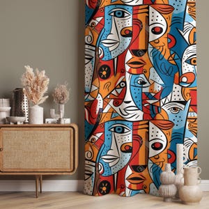 Colorful Surrealist Decor, Abstract Face Patterned Decorative Curtains for Living Room, Abstract Face Curtain, Modern Style Curtains
