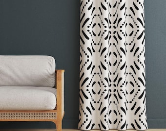 Scandi Black and White Curtains: Ethnic Patterned Cotton-Polyester Blend