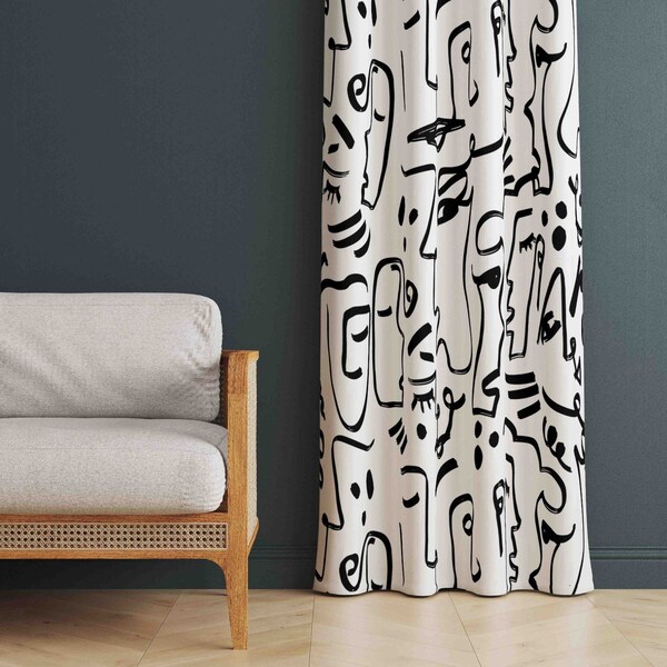 Black Face Patterns Abstract Curtains, Abstract Style Curtain, Abstract Patterned Home Curtains, Decorative Curtains Living Room