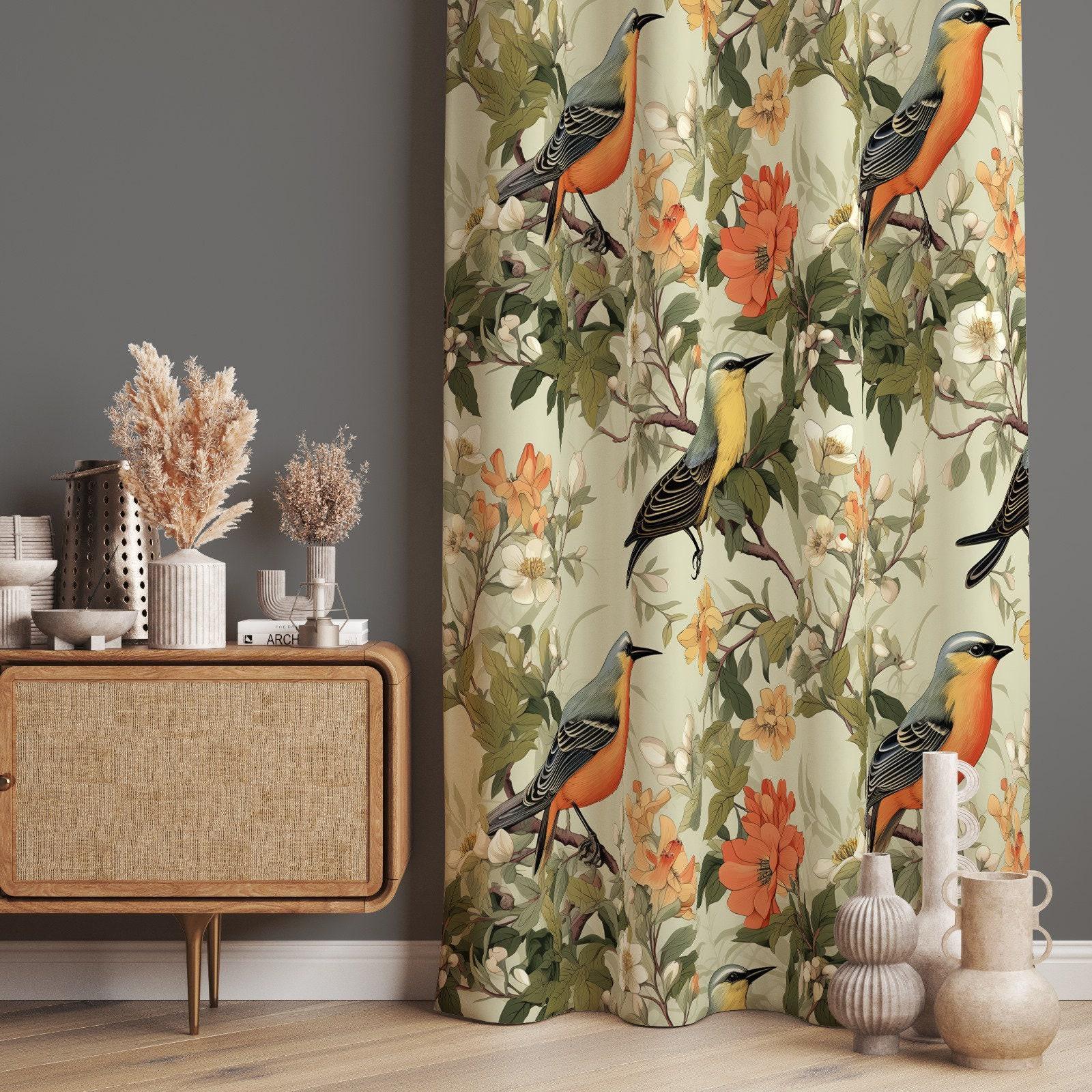 Spring Themed Living Room Curtains, Bird And Flowers Patterned Home Curtains, Colorful Curtains With Eyelets, Vibrant Curtain Panel