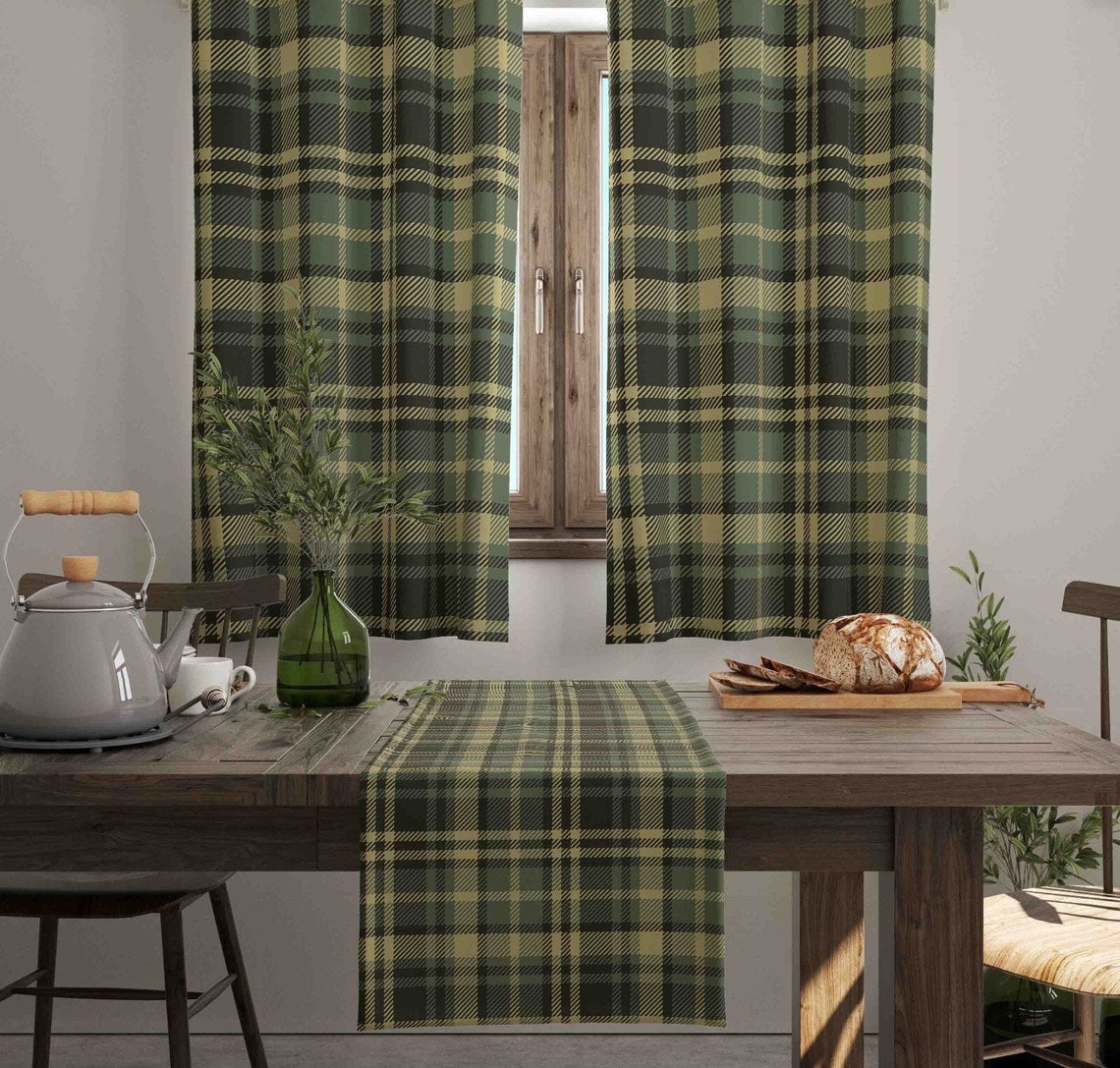 Green Scotch Plaid Kitchen Curtains Modern Geometric Window Etsy