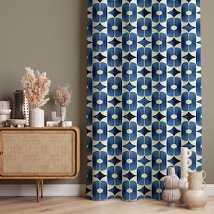 Blue Square Tile Patterned Decorative Curtains For Mid Century Modern Decor, Scandi Style Dining Room Curtain, Tile Decor Drapes Living Room