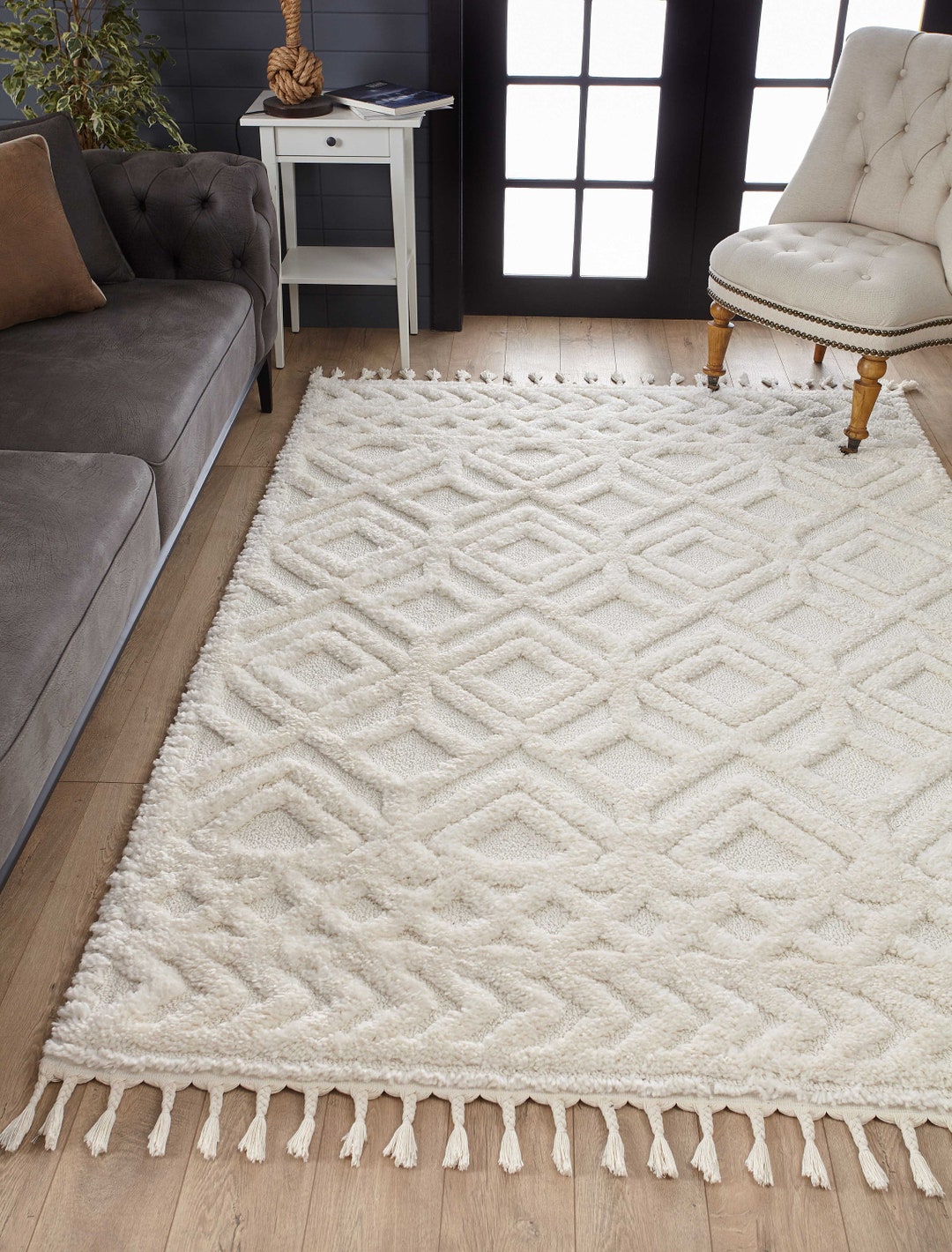 Large Boho Area Rug, Cream Living Room Shaggy Rug, Extra Soft Beige