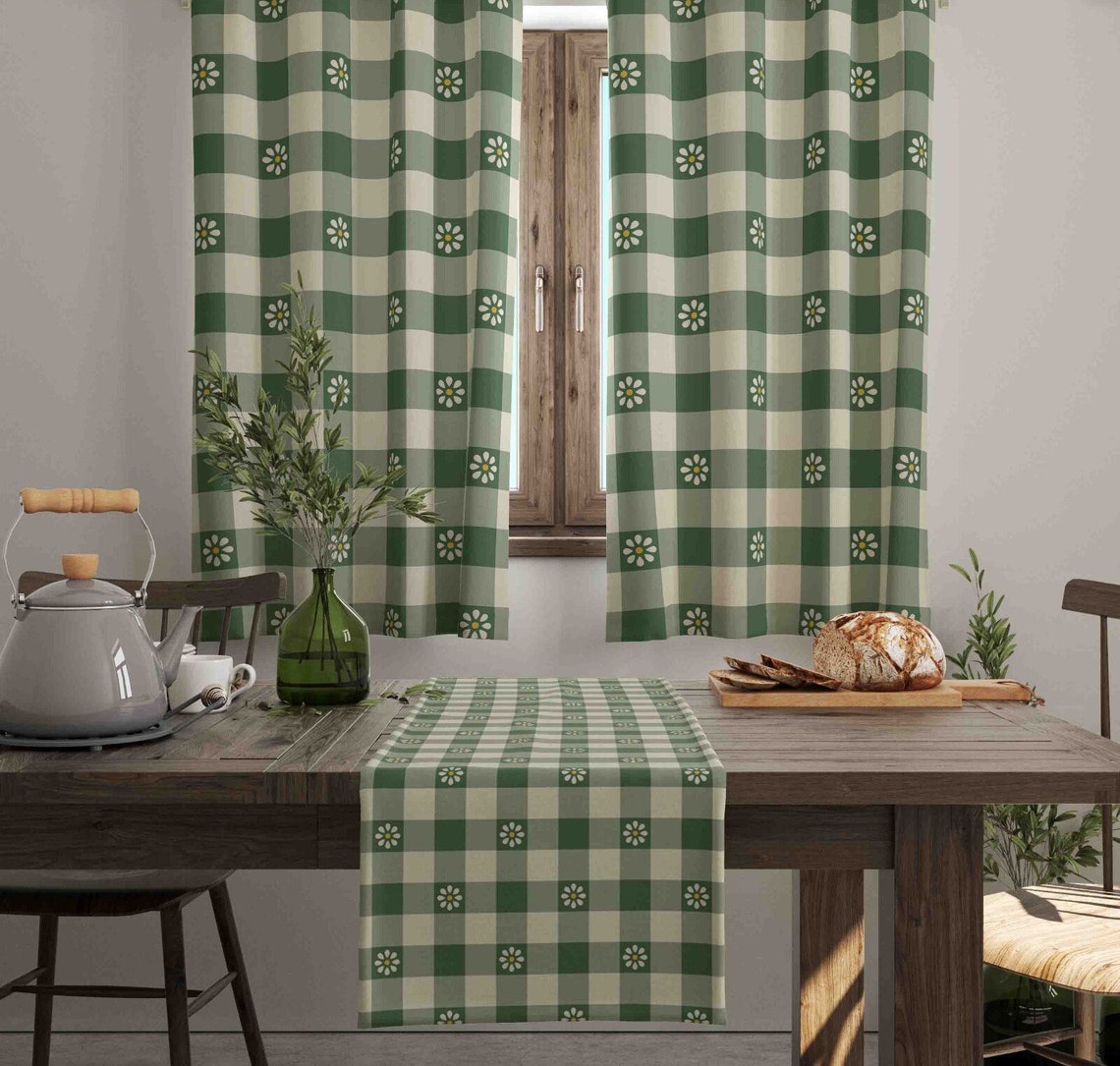Green Scotch Plaid Kitchen Curtains Modern Geometric Window Etsy