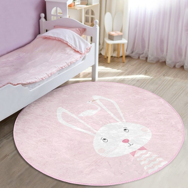 Bunny Rug, Pink Bunny Mat For Nursery, Rabbit Carpet For Nursery, Rabbit Decor Kids Mat, Bunny Baby Room Rug, Bunny Mat