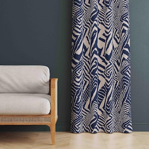 Mid Century Style Window Curtains With Blue Tones, Scandi Style Minimalist Living Room Curtains, Mid Century Modern Patterned Home Curtain