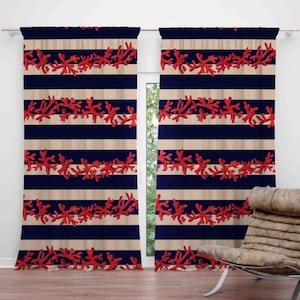 Coastal Decor Curtains, Seaside Drapes, Maritime Window Drape with Seaweed Pattern, Seaside Elegance Nautical Living Home Decor