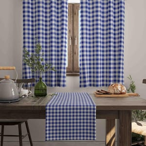 Blue Plaid Patterned Kitchen Curtains, Modern Geometric Window Treatment, Blue White Checkered Style Living Room Curtains, Blue Plaid Drapes