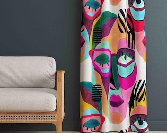Colorful Abstract Face Pattern Home Curtains, Abstract Style Curtains, Abstract Patterned Home Curtains, Decorative Curtains for Living Room