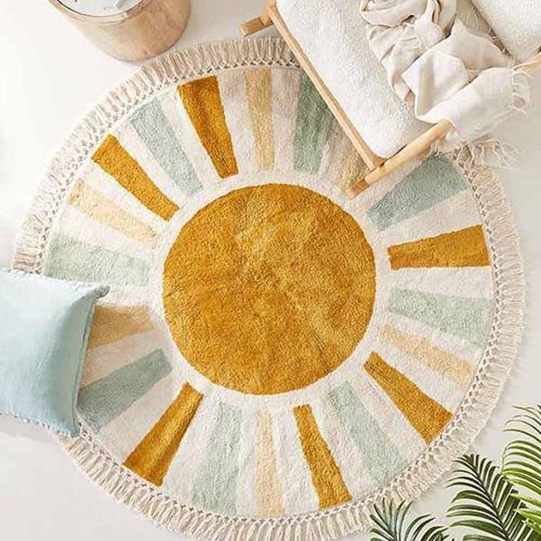 Sun Patterned Rug, Orange Round Rugs, Sun Nursery Carpet, Round Tufted ...