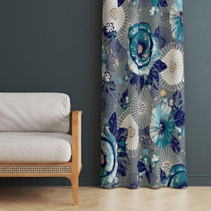 Blue Flower Curtains, Blue Floral Curtains, Elegant Floral Living Room Curtain, Vintage Curtain, Blue Floral Decor Drapes, Room Divider