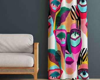 Colorful Abstract Face Pattern Home Curtains, Abstract Style Curtains, Abstract Patterned Home Curtains, Decorative Curtains for Living Room