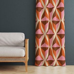 Pink Retro Curtain, Pink-Brown Retro Living Room Curtain, Pink Rustic Style Curtains, Printed Bedroom Room Drapes, Pink Boho Home Drapes