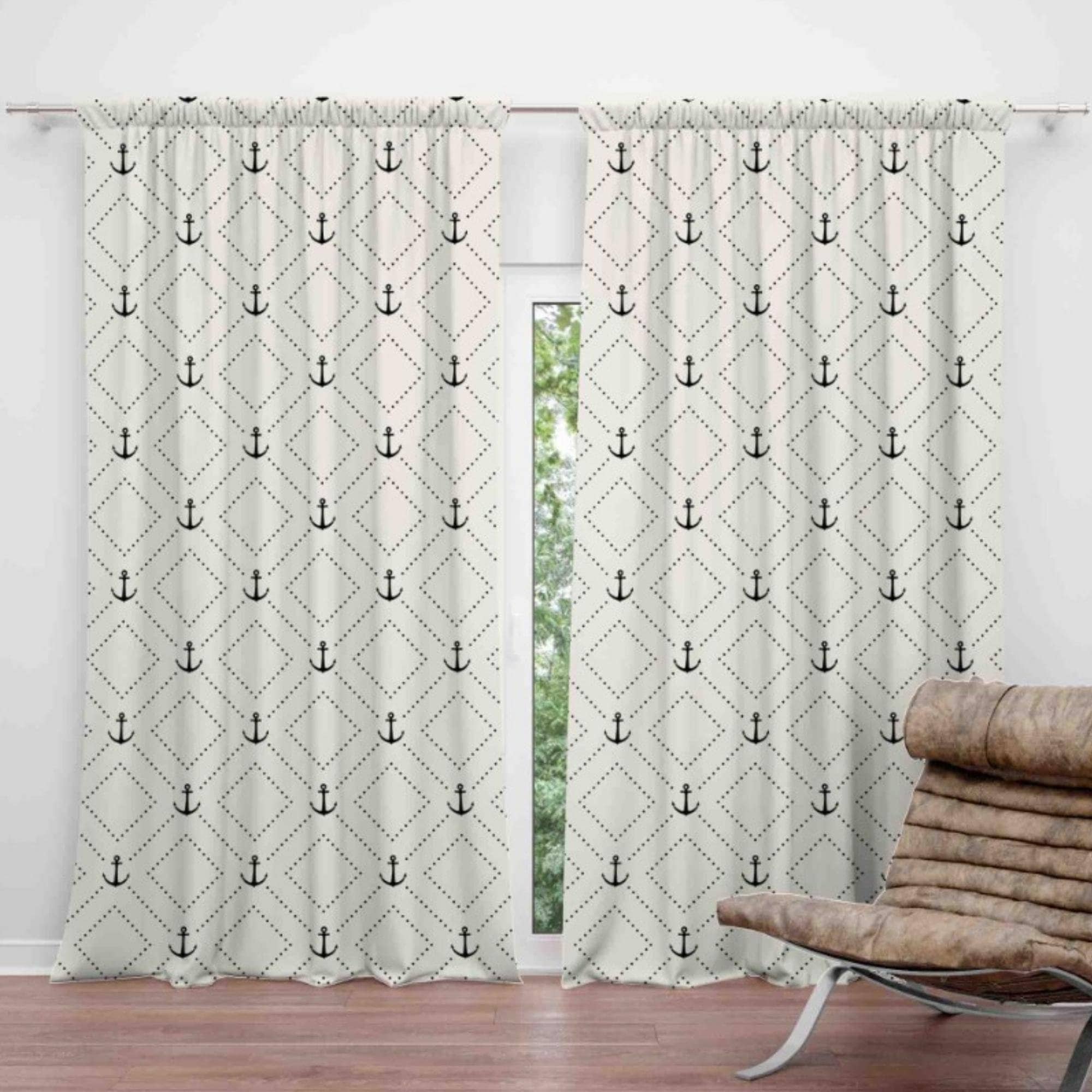 Navy Anchor Patterned Curtain, Maritime Themed Window Curtains, Navy Anchor Designed Drapes For Seaside Ambiance, Coastal Decor Curtains