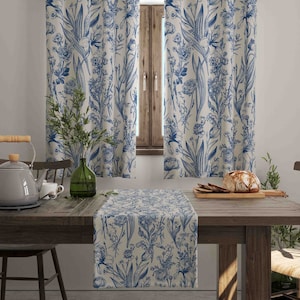 Blue Floral Curtains, Country Floral Print Window Treatment, Retro Drapes, Home Drape, Rustic Curtain, Vintage Decor Kitchen Curtains