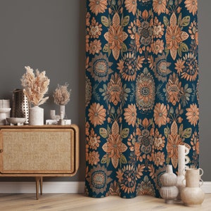 Vintage Style Drape, Dark Colour Vintage Style Curtains For Living Room Curtains, Elegant Floral Living Room Drapes, Flower Design Drape