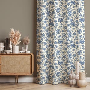 Blue Flower Patterned Vintage Style Living Room Curtains, Flower Patterned Home Curtain For Vintage Decor, Flower Drapes For Vintage Decor