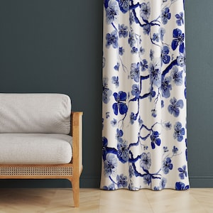 Blue Floral Curtains, Rustic Woodland-Inspired Leaf Print Drapes, Vintage Retro Floral Print Curtain Panels, Blue Flower Curtains