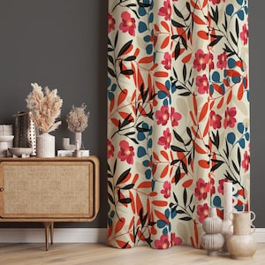 Vintage Curtains, Flower Patterned Vintage Style Decorative Curtains, Red Flower Patterned Elegant Living Room Curtain, Blackout Drapes