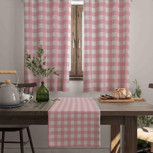 Pink Plaid Curtains, Plaid Diningroom Curtains, Modern Geometric Window Treatment, Modern Kitchen Curtain, Pink Plaid Drape, Kitchen Curtain
