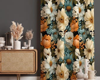 Floral Vintage Style Custom Curtains: White Flower Pattern Living Room Printed Drapes